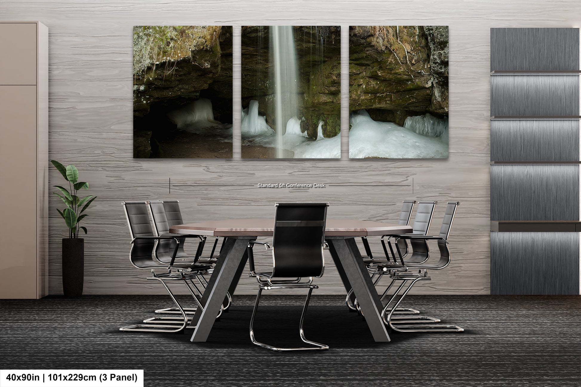 a dining room table with chairs and a waterfall in the background