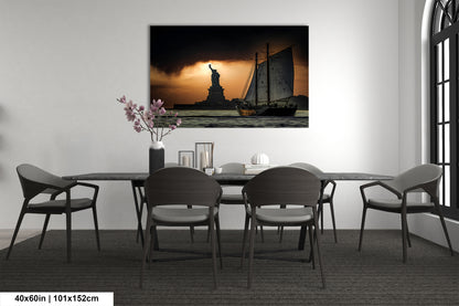 a dining room table with a statue of liberty in the background