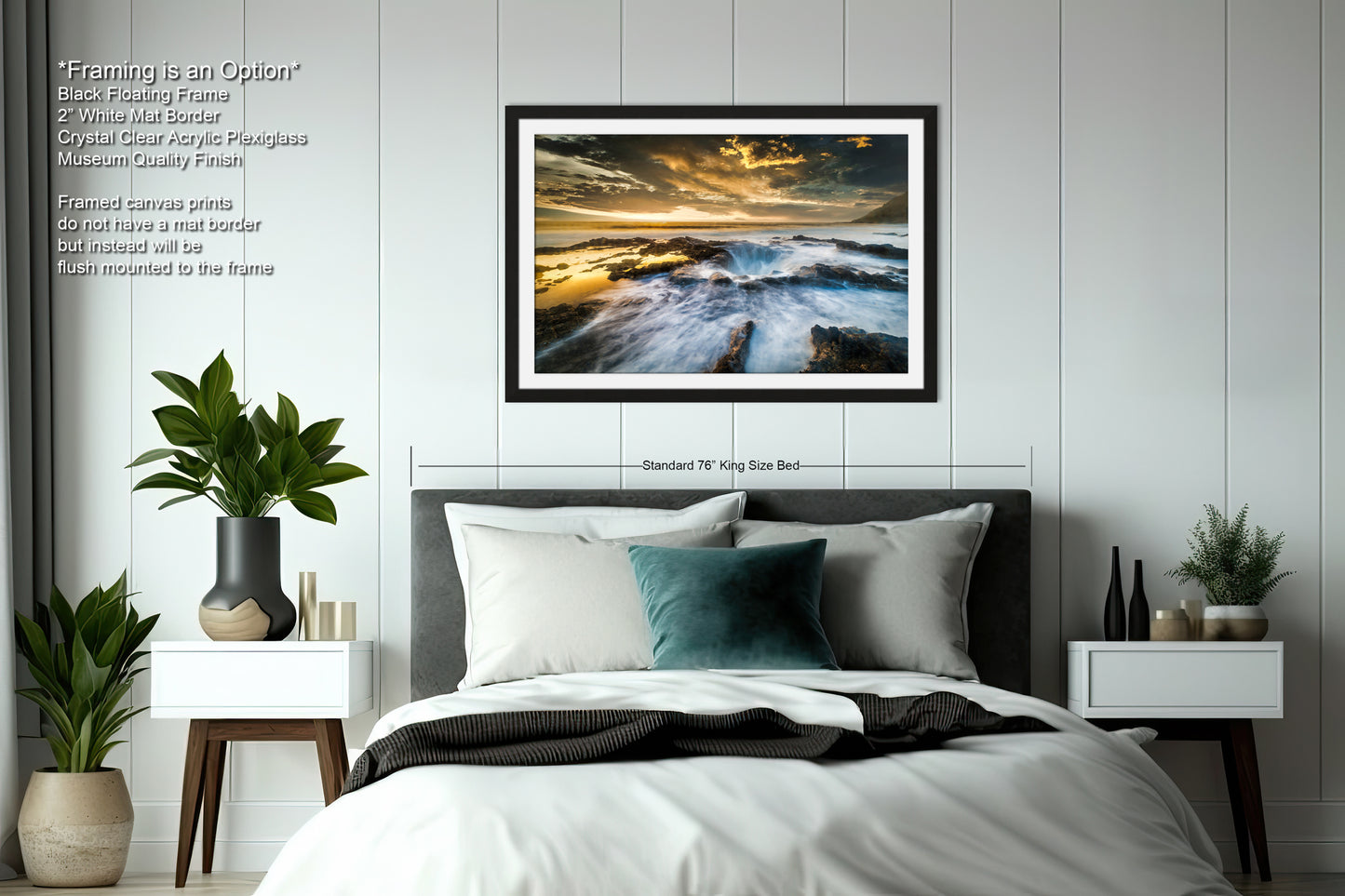 a bedroom with a bed and a picture on the wall