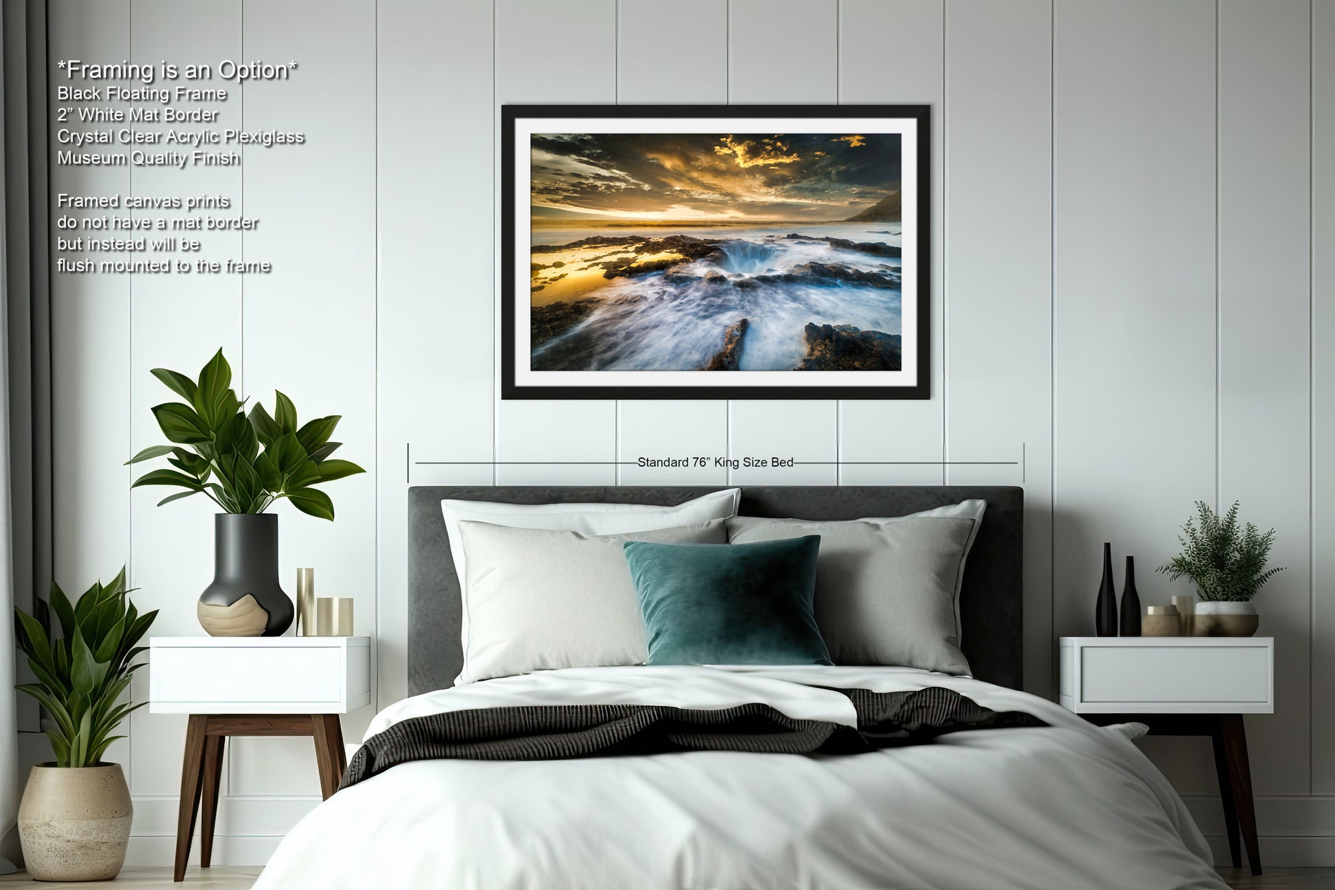 a bedroom with a bed and a picture on the wall