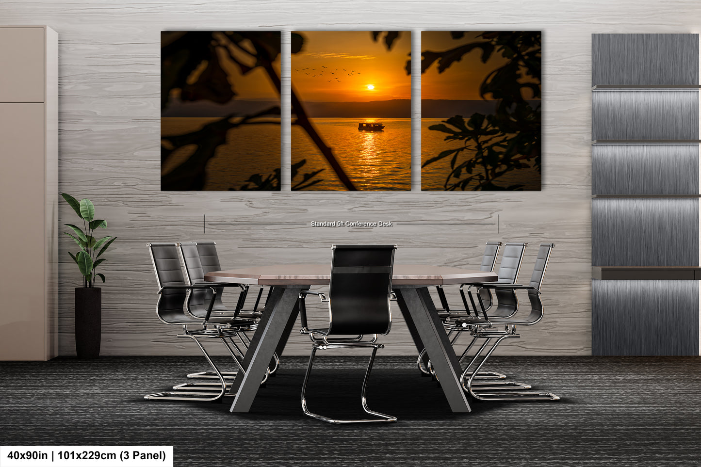 a dining room with a table and chairs with a sunset in the background