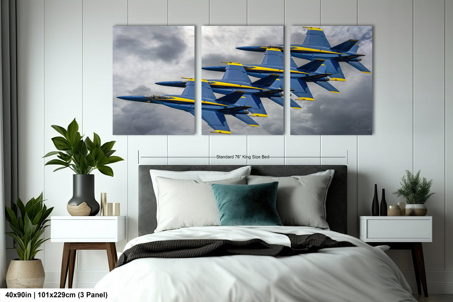 three blue and yellow fighter jets flying in the sky