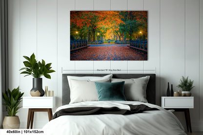 a bedroom with a bed and a painting on the wall