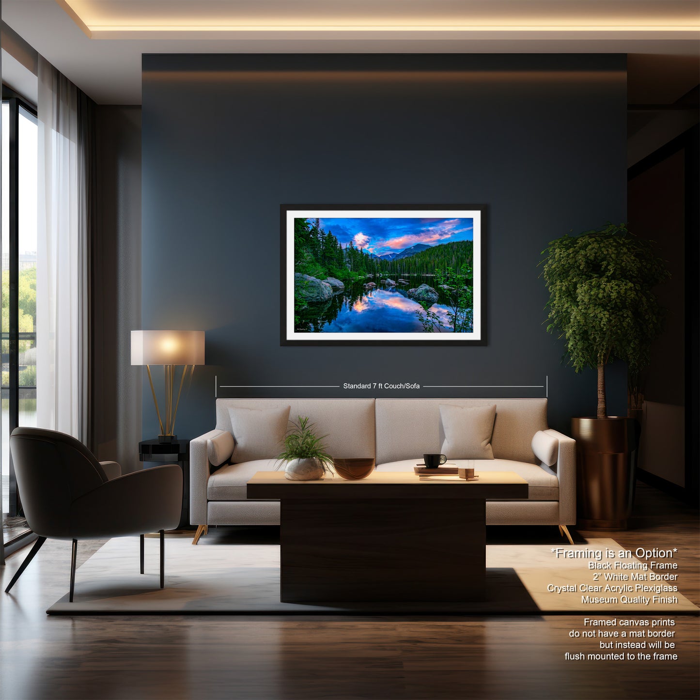 a living room with a couch a table and a painting on the wall