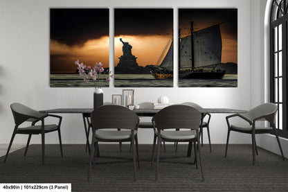 a dining room table with four chairs and three paintings on the wall