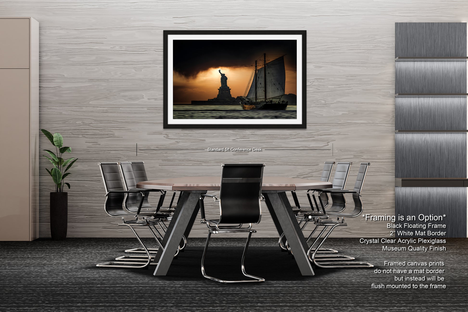 a dining room table with chairs and a picture hanging on the wall