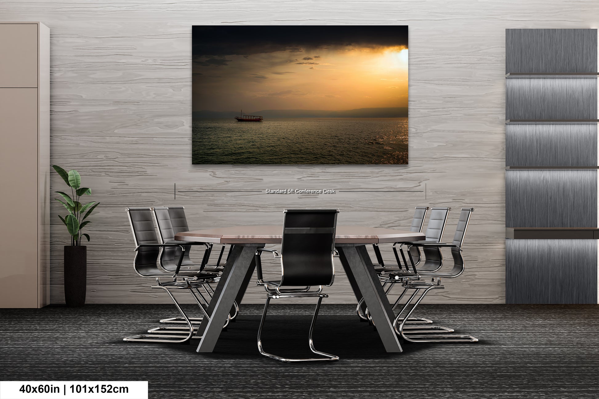 a dining room table with chairs and a painting on the wall