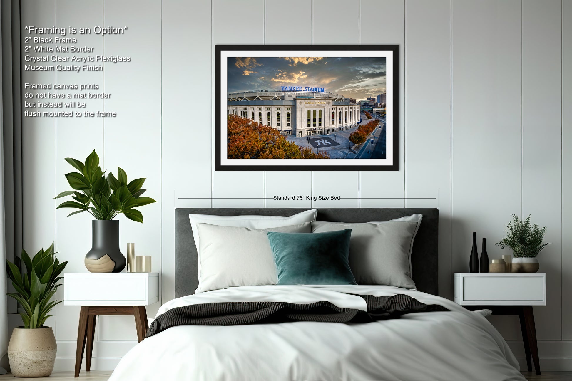 a bedroom with a large bed and a picture on the wall