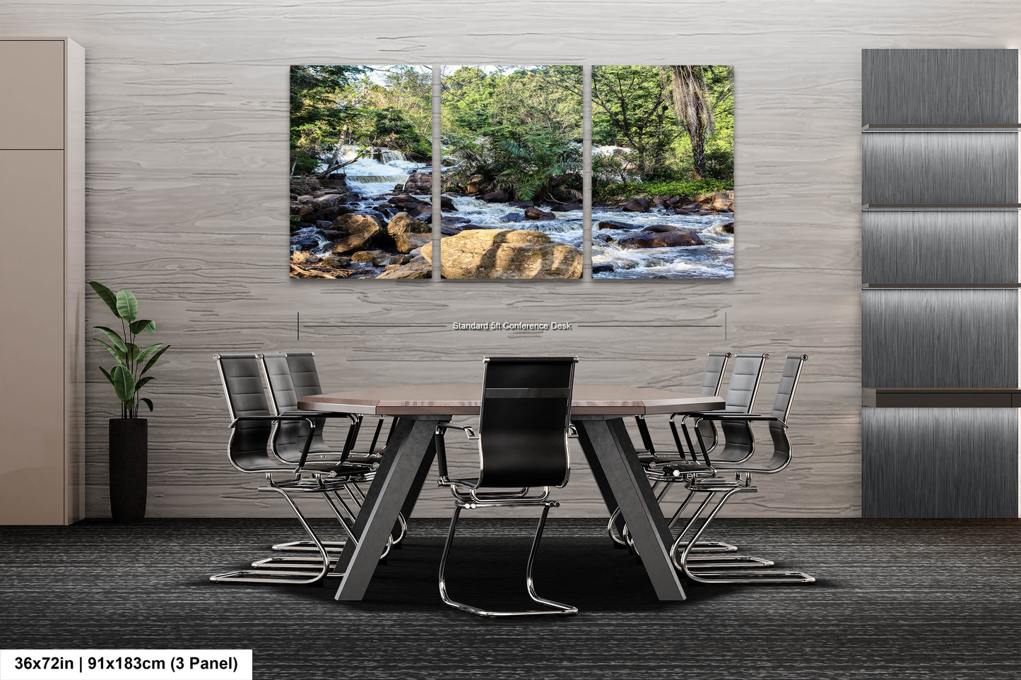 a dining room table with chairs in front of a waterfall