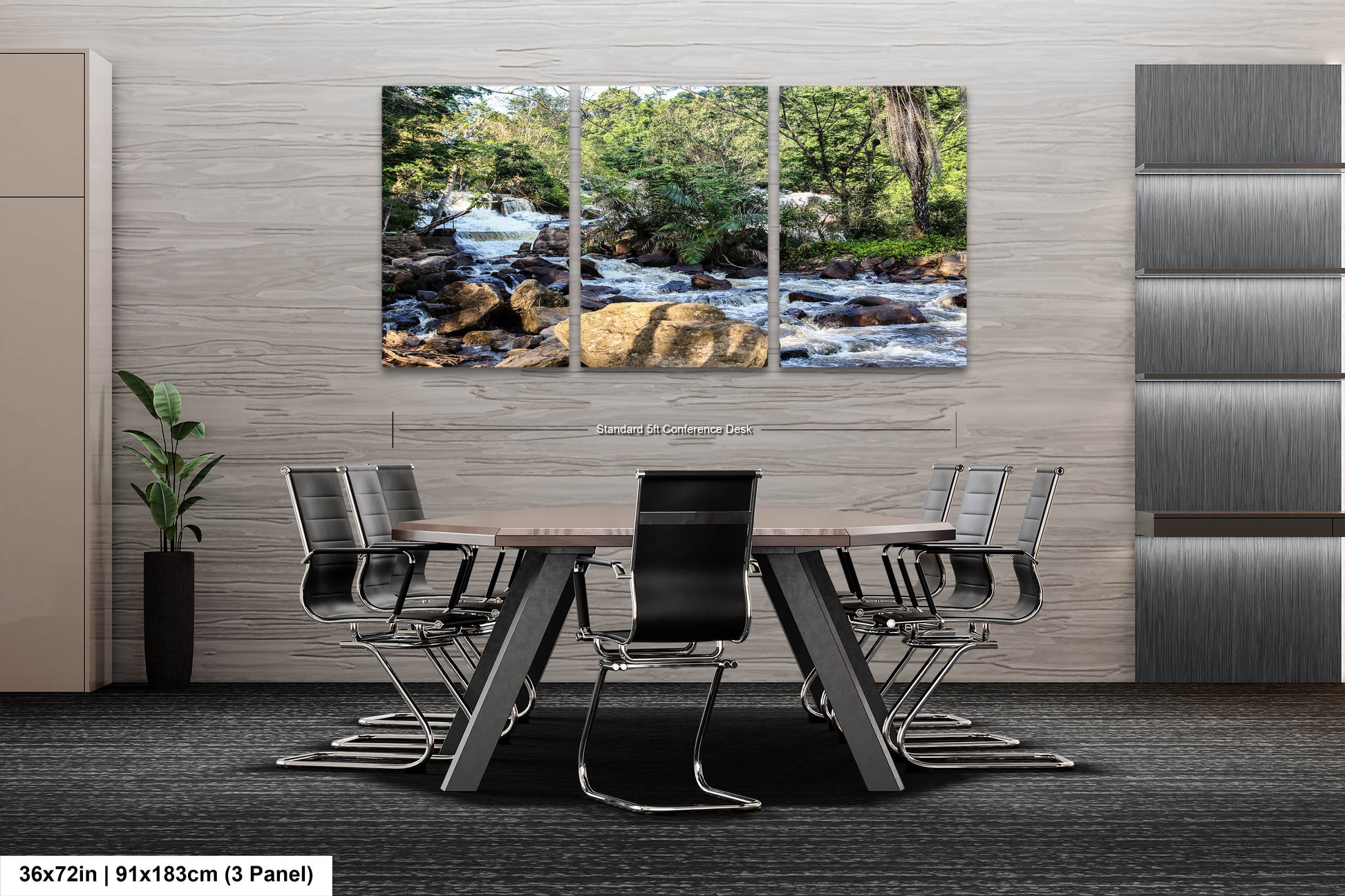 a dining room table with chairs in front of a waterfall
