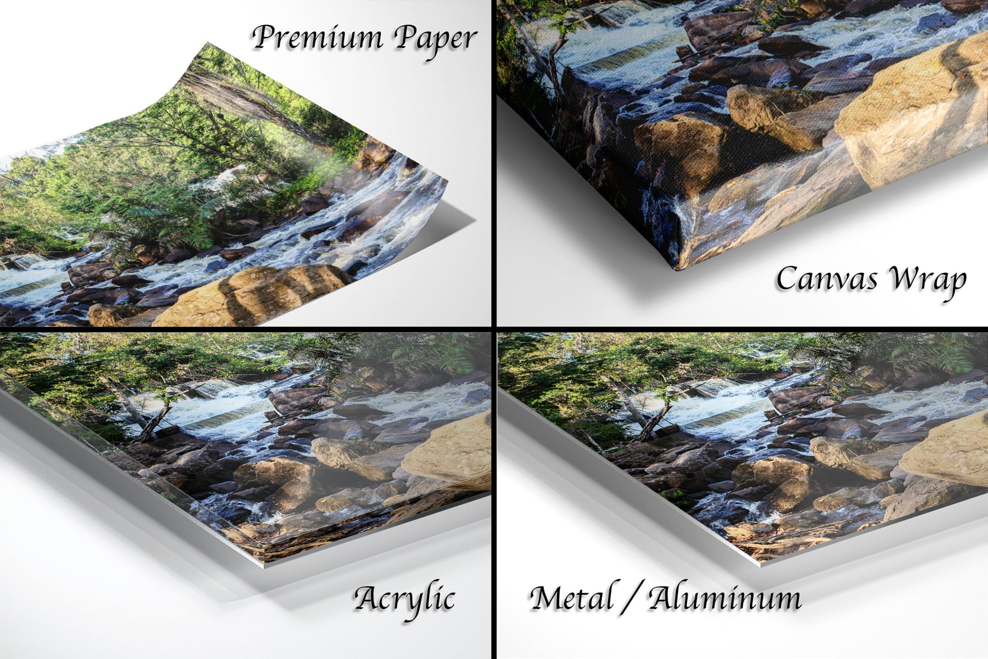 a series of four photos of a waterfall