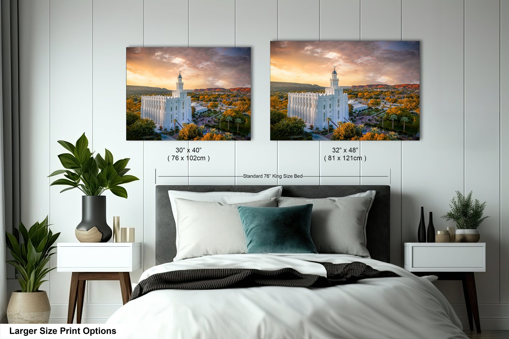 a bedroom with a bed and two pictures on the wall