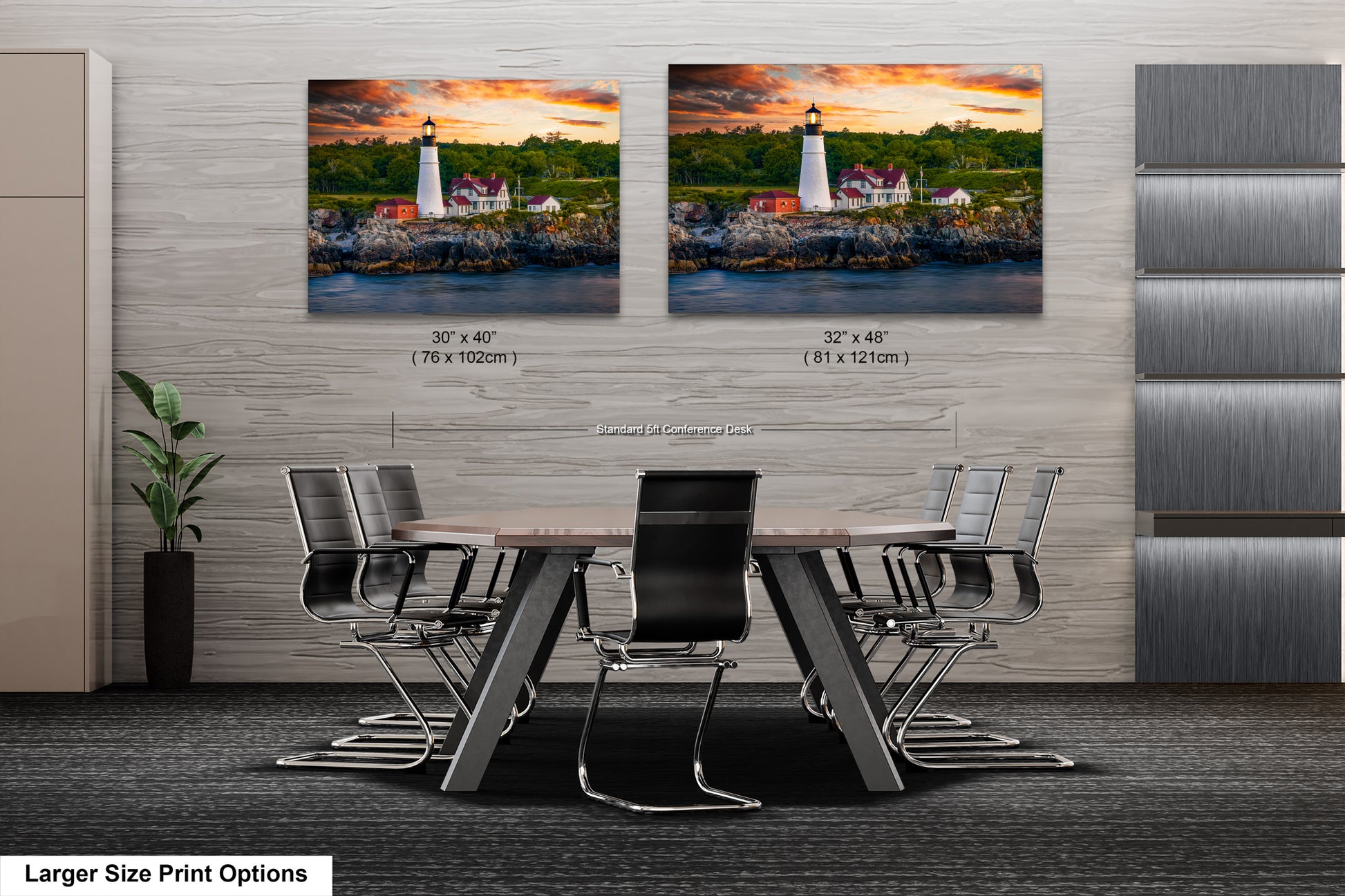 two paintings of a lighthouse on a wall above a table