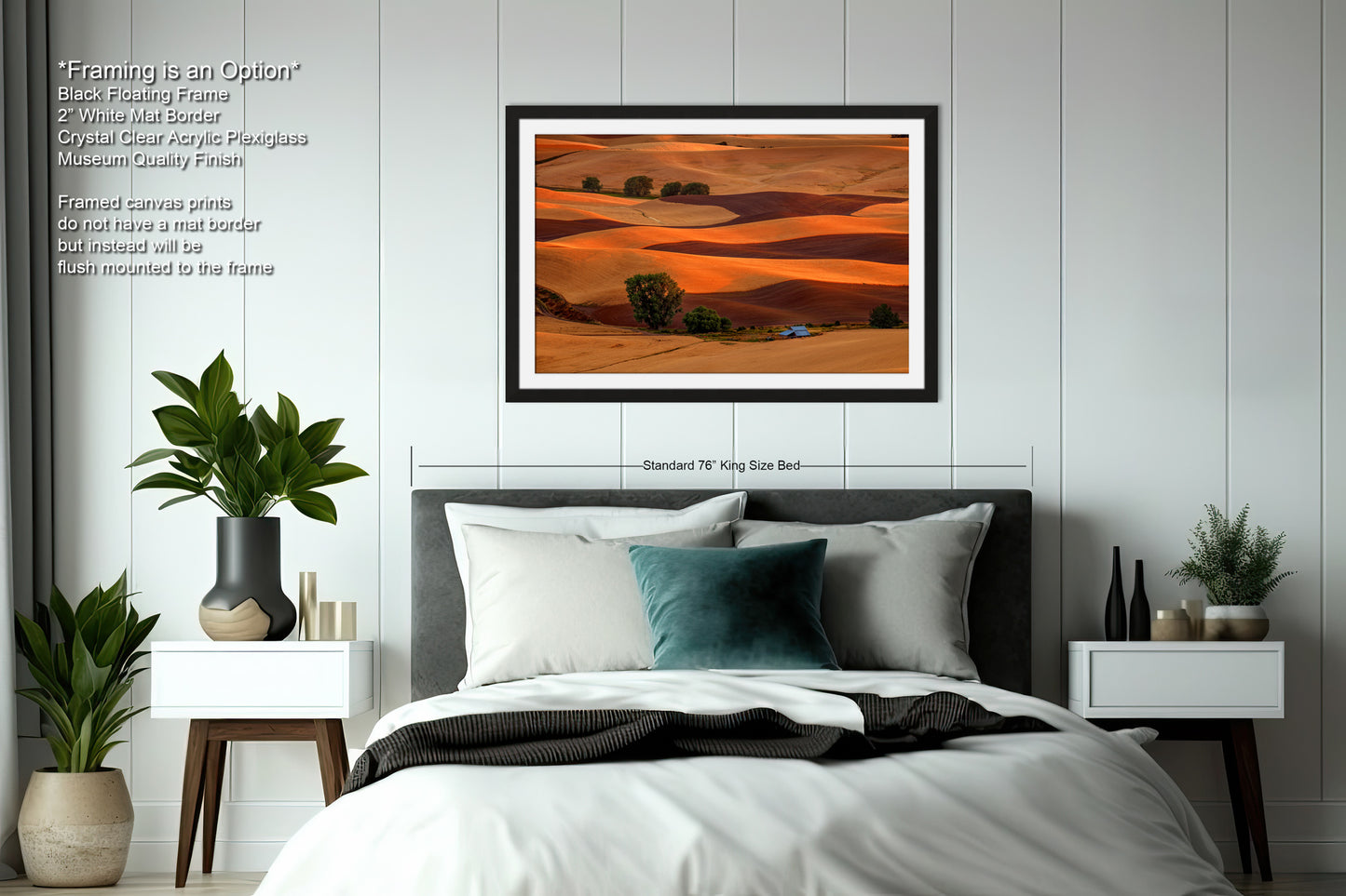 a bedroom with a large bed and a painting on the wall