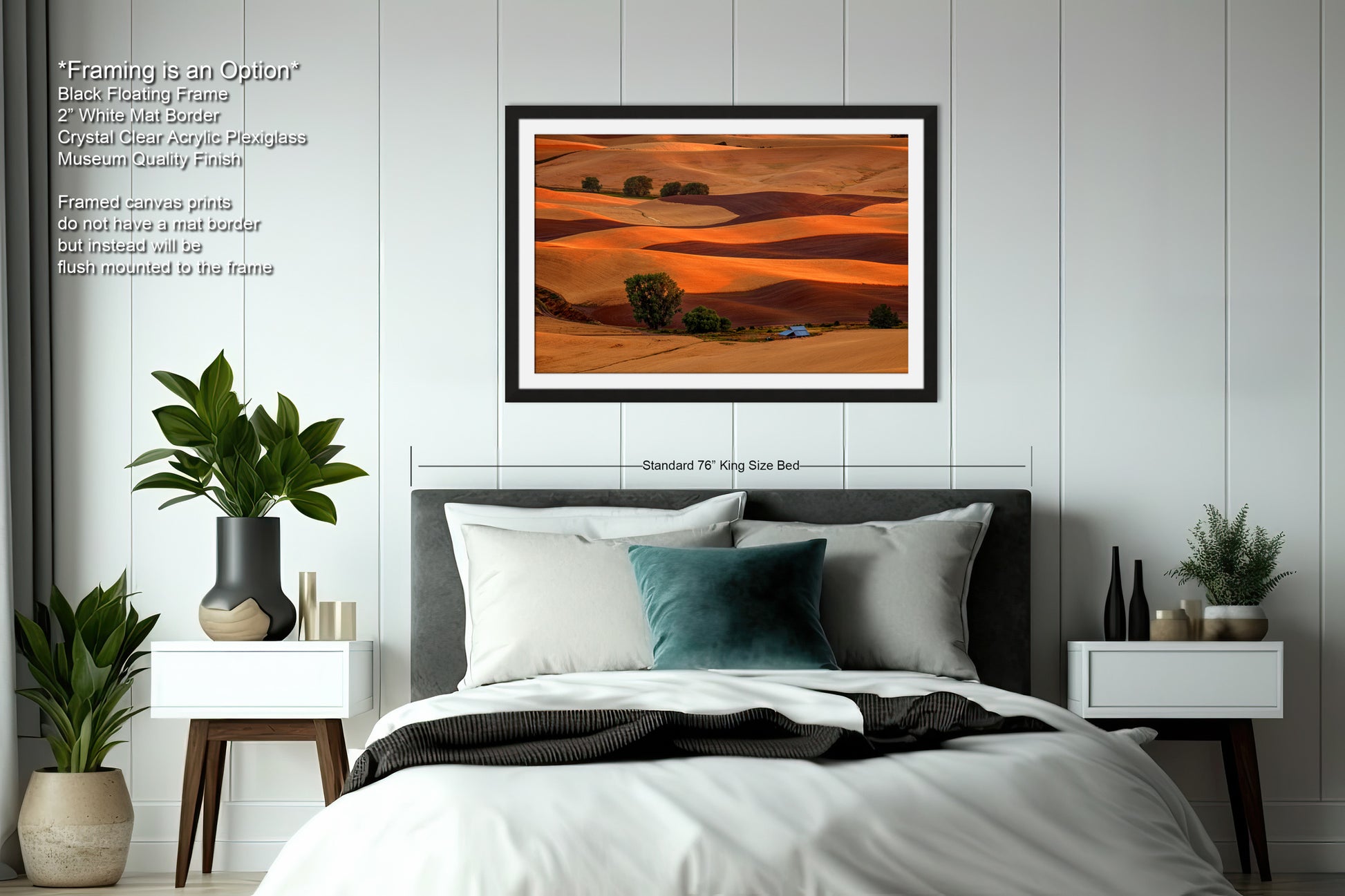 a bedroom with a large bed and a painting on the wall