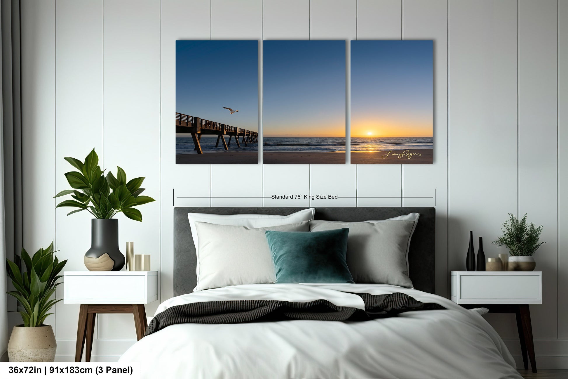 a bedroom scene with a bed and a wall hanging