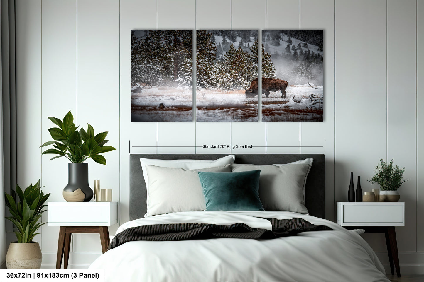 a bed room with a neatly made bed and paintings on the wall