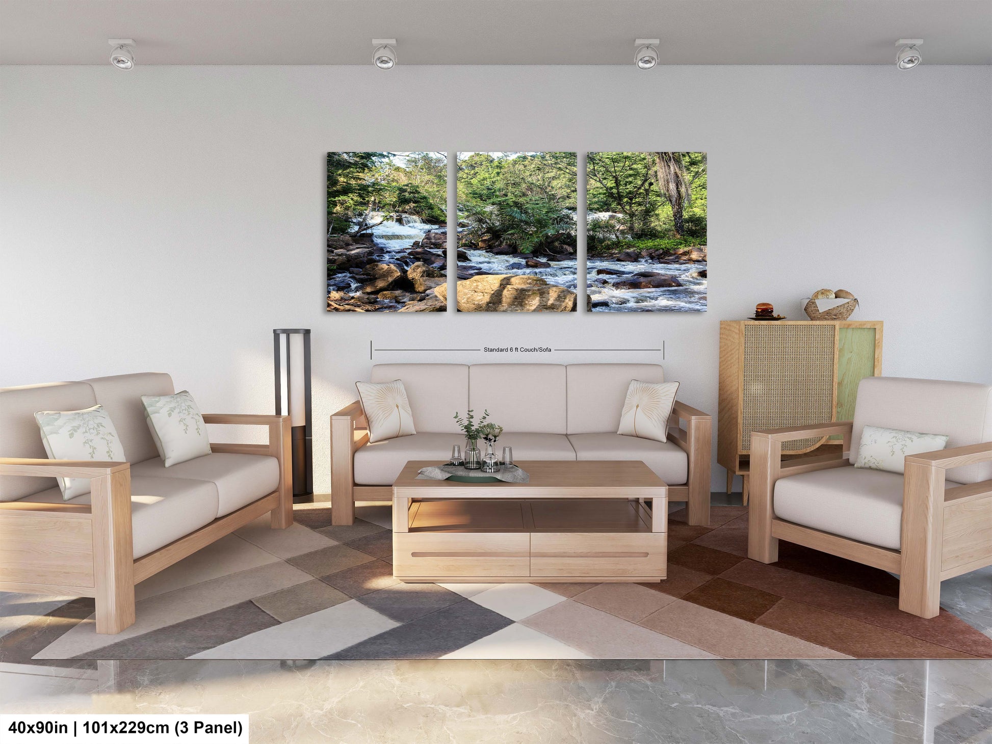 a living room filled with furniture and a painting on the wall