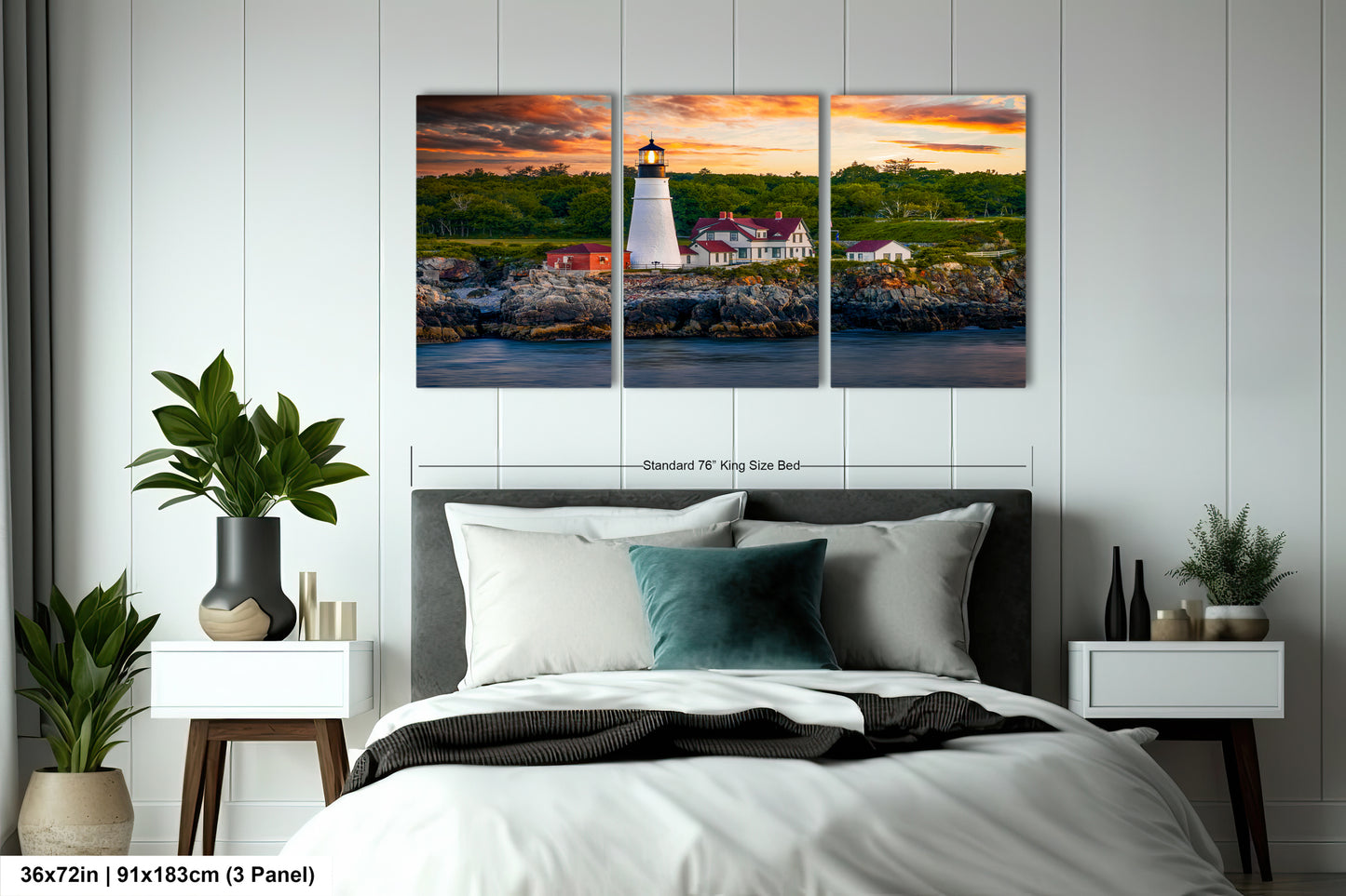 a bedroom scene with focus on the bed and the lighthouse