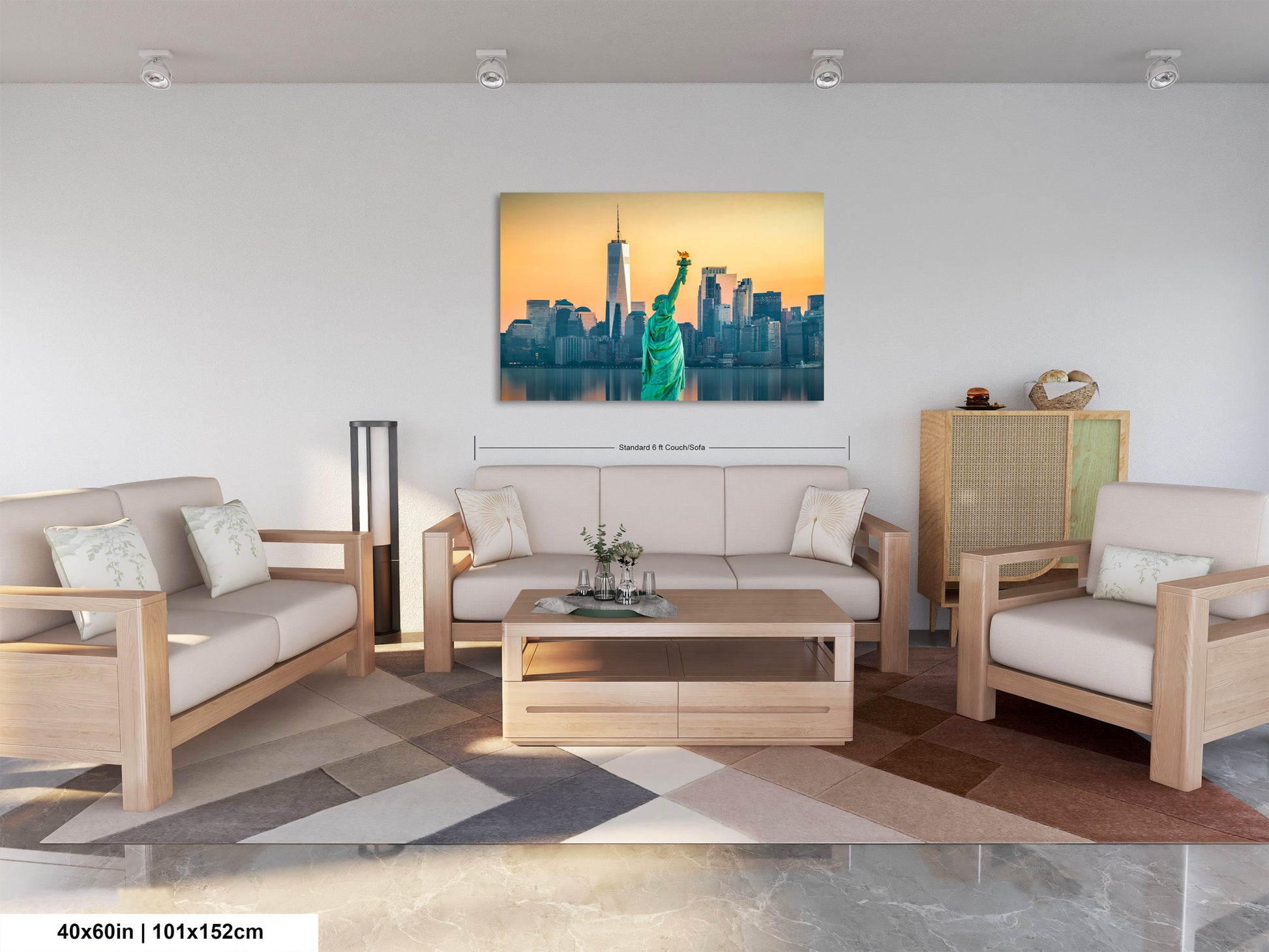 a living room filled with furniture and a painting on the wall