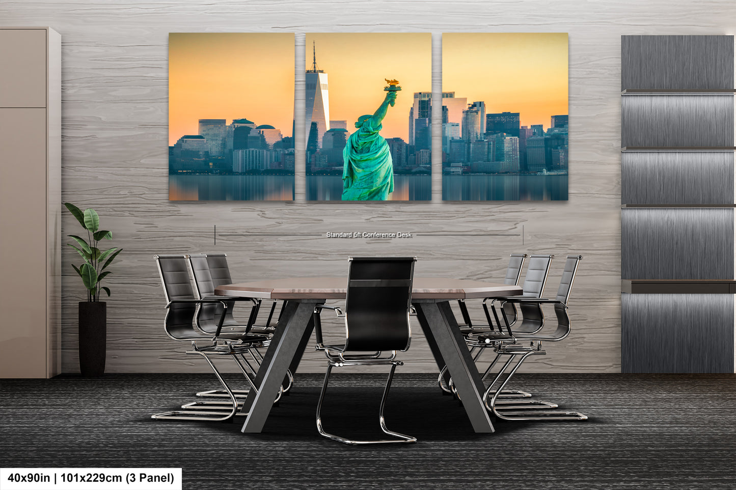 a dining room table with chairs in front of a picture of the statue of liberty
