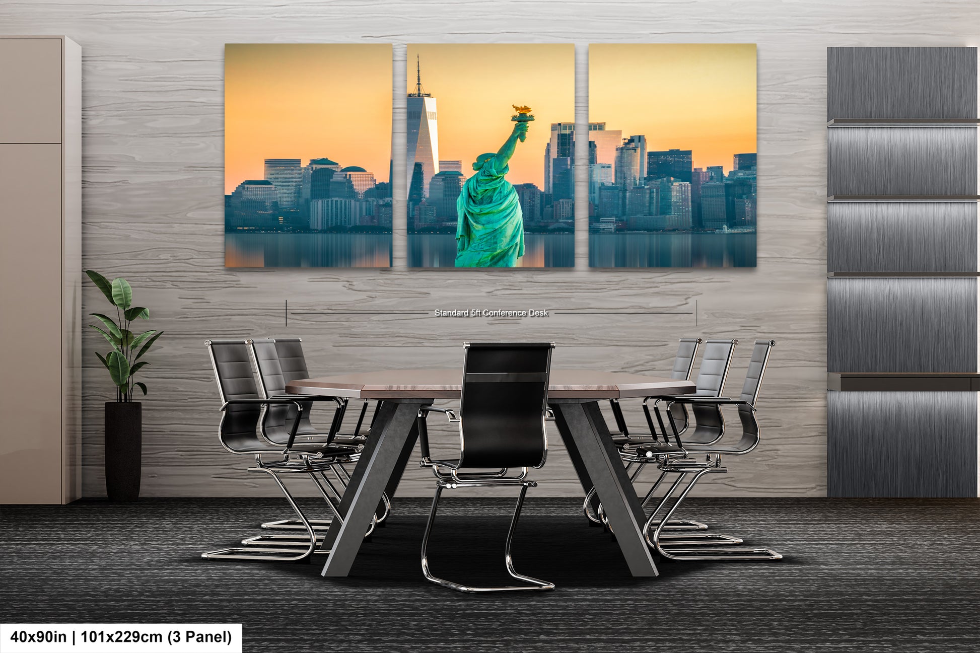a dining room table with chairs in front of a picture of the statue of liberty