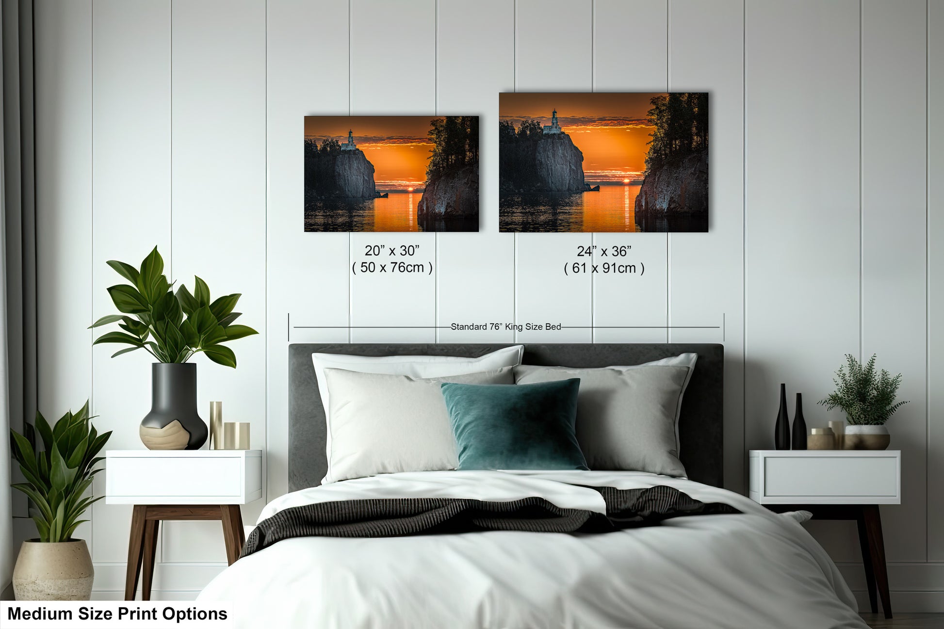 a bedroom with a bed and two pictures on the wall