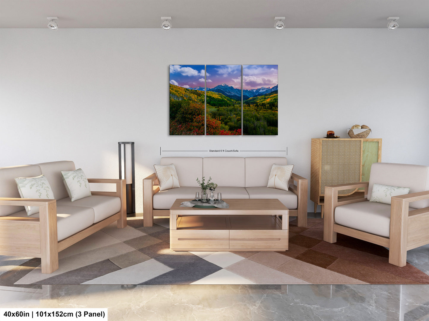 a living room filled with furniture and a painting on the wall