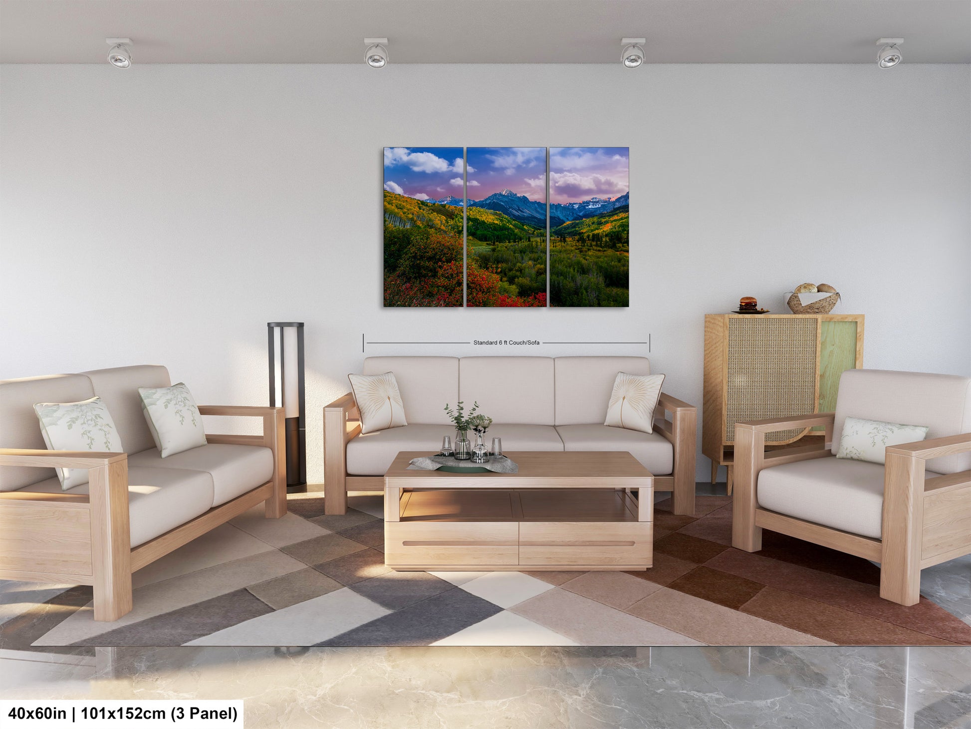 a living room filled with furniture and a painting on the wall