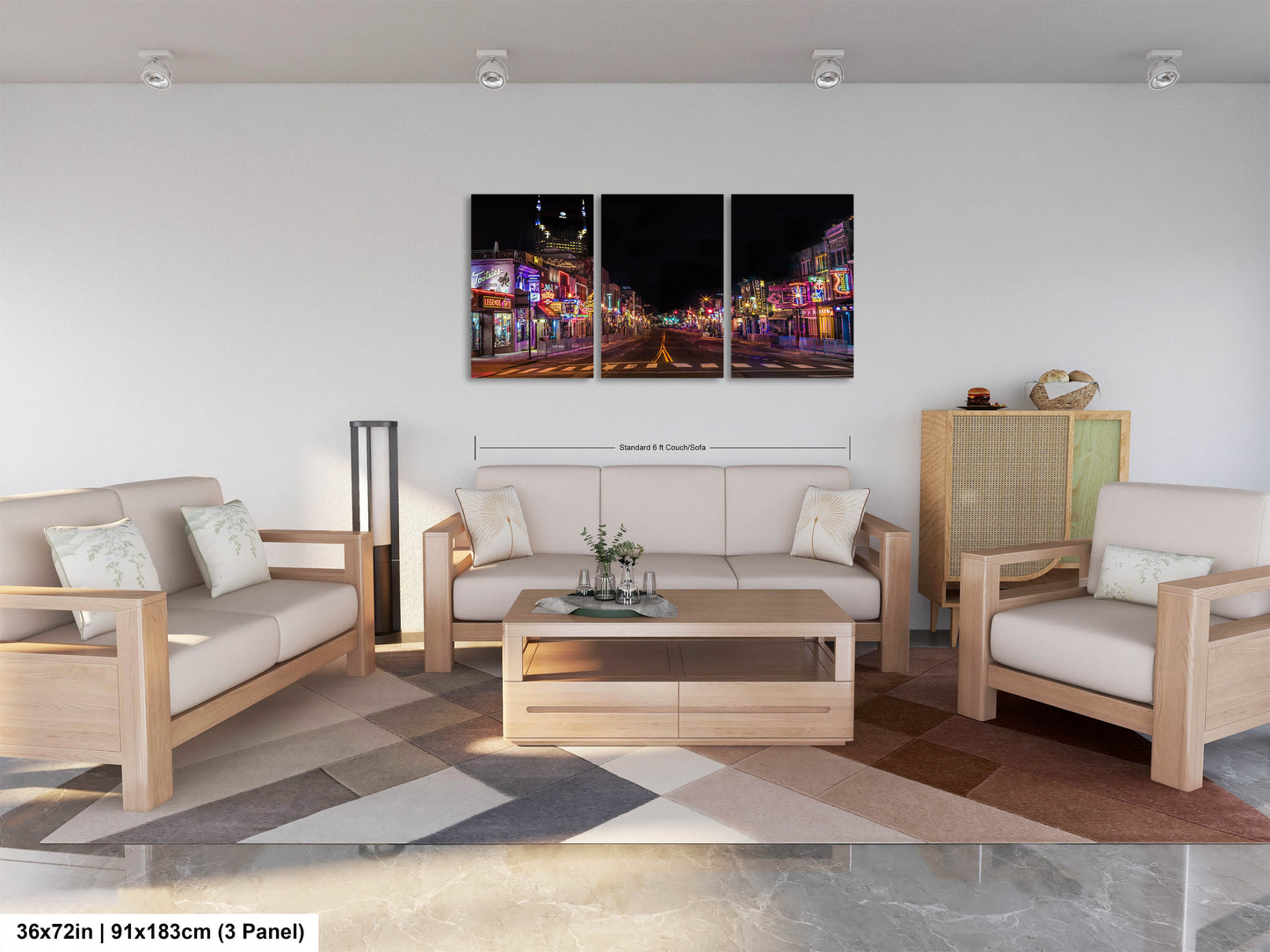 a living room filled with furniture and a painting on the wall