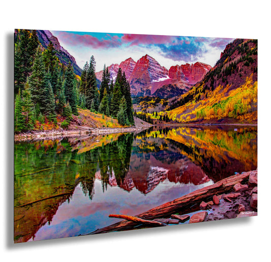a painting of a mountain lake surrounded by trees