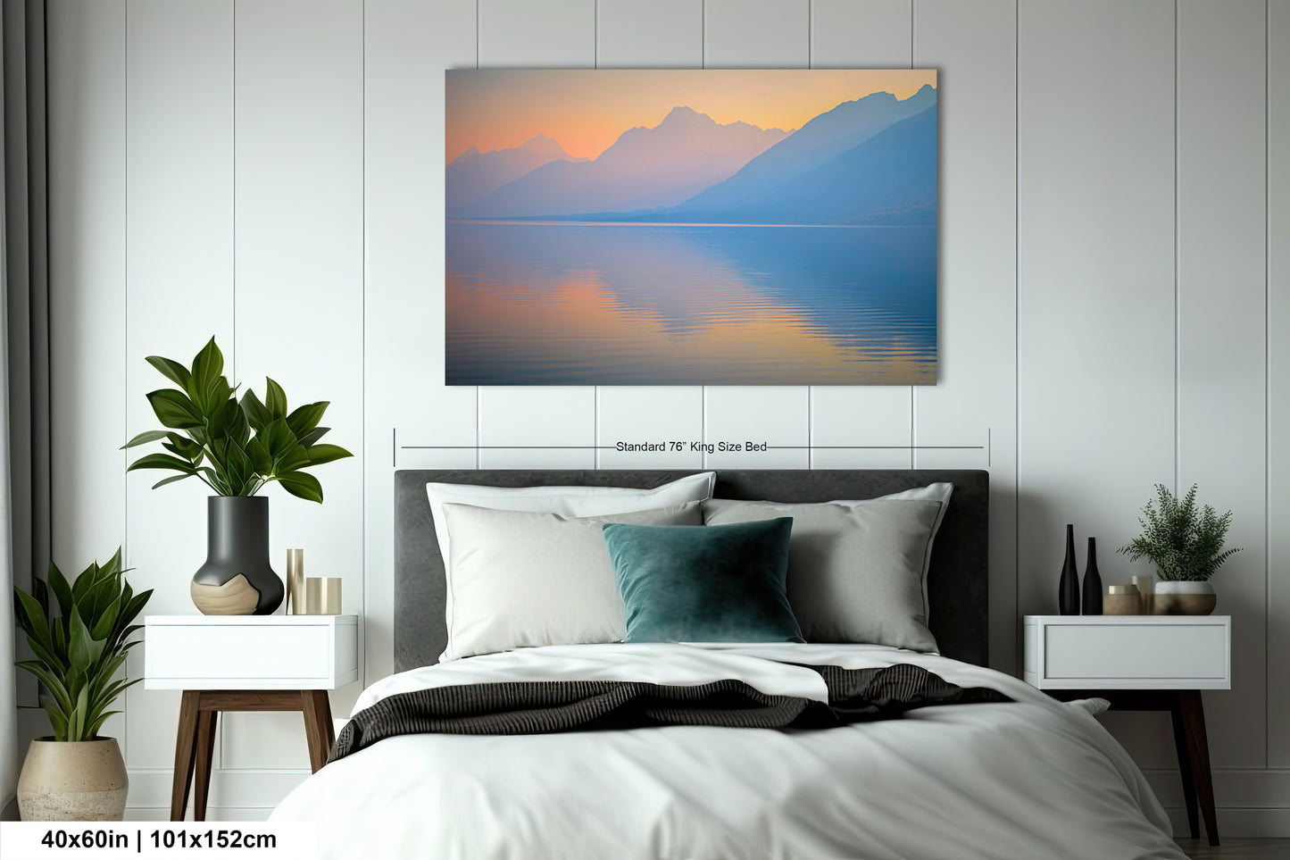 a bedroom with a bed and a painting on the wall