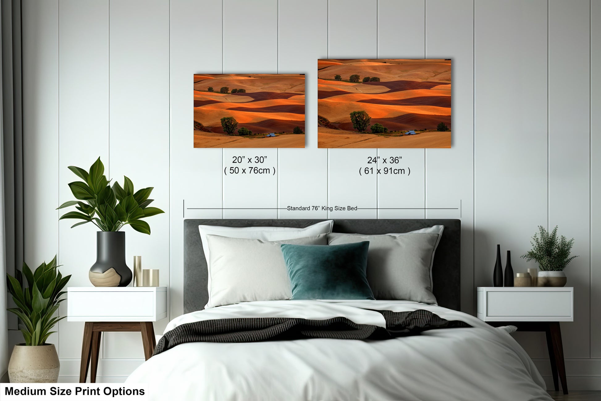 a bed room with a neatly made bed and two pictures on the wall