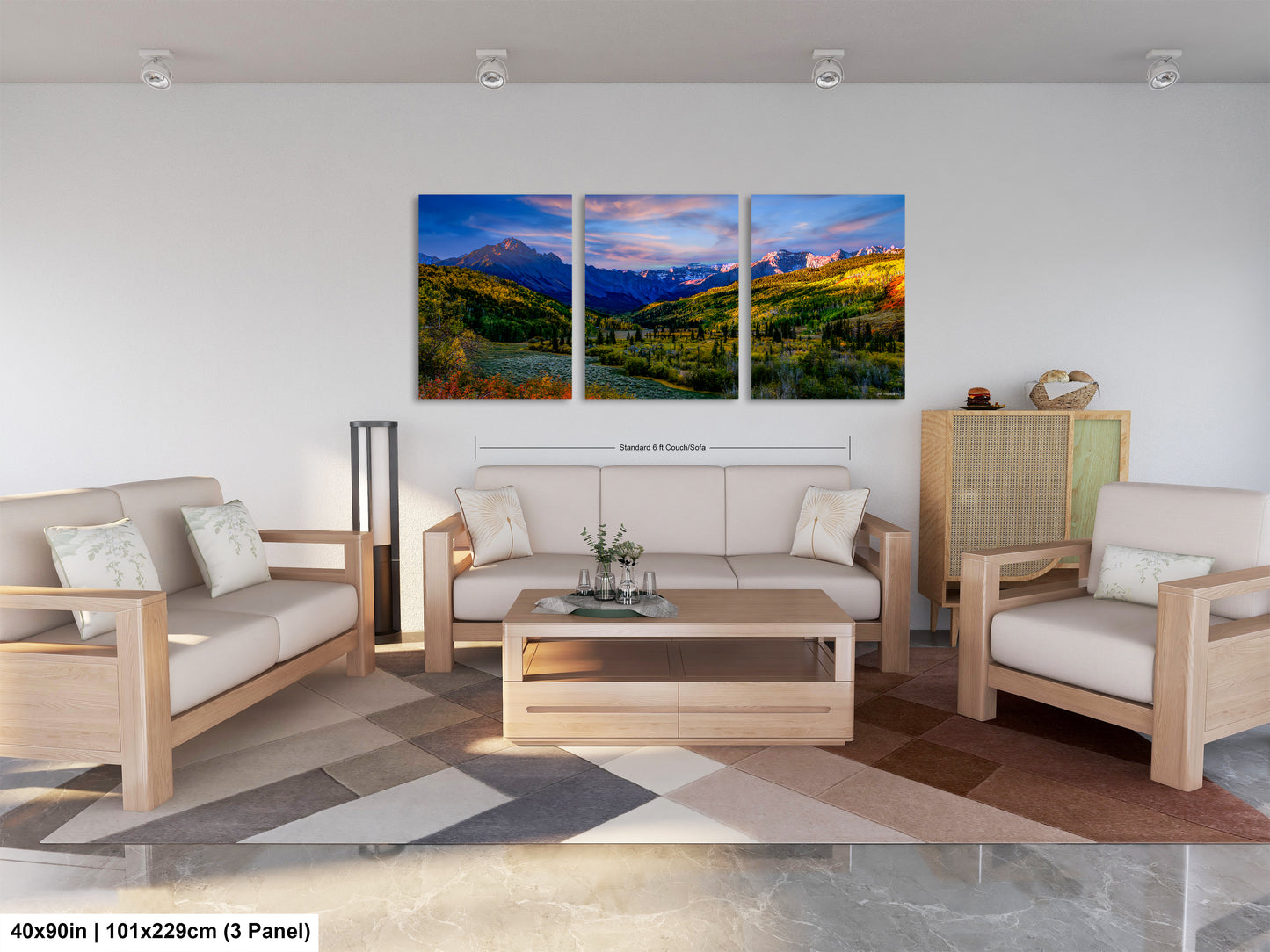 a living room filled with furniture and a painting on the wall