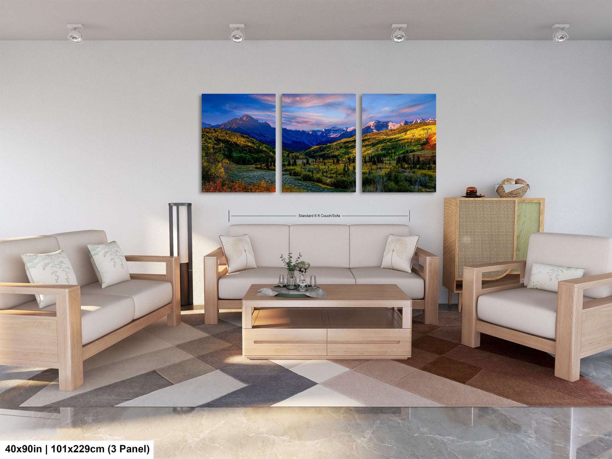 a living room filled with furniture and a painting on the wall