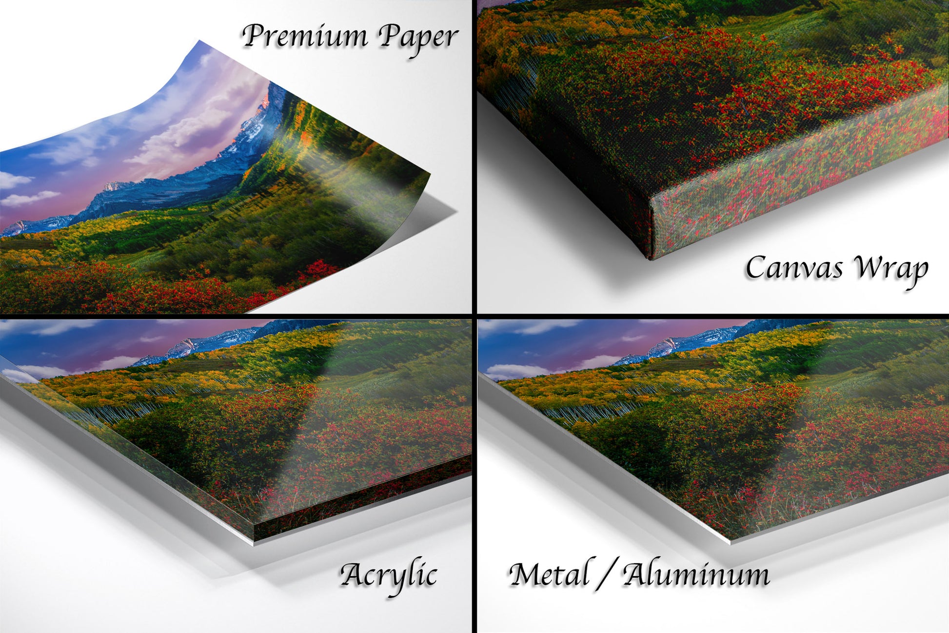 a series of four images of a mountain range