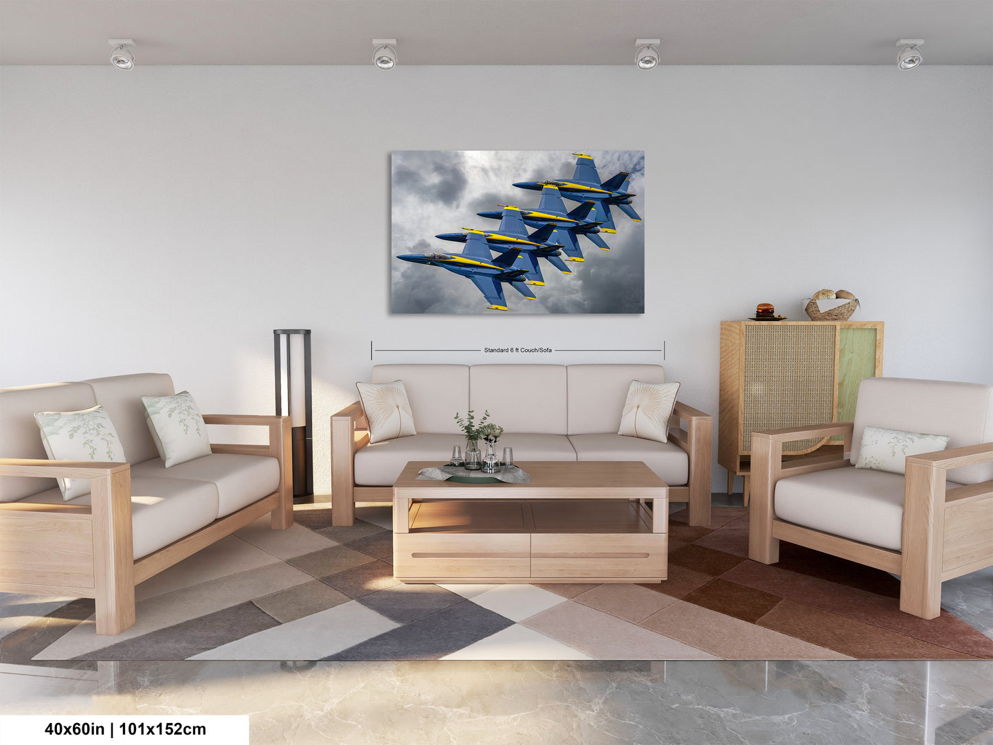 a living room filled with furniture and a painting on the wall