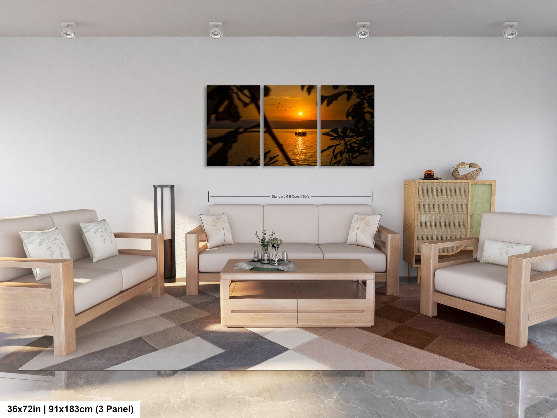 a living room filled with furniture and a painting on the wall