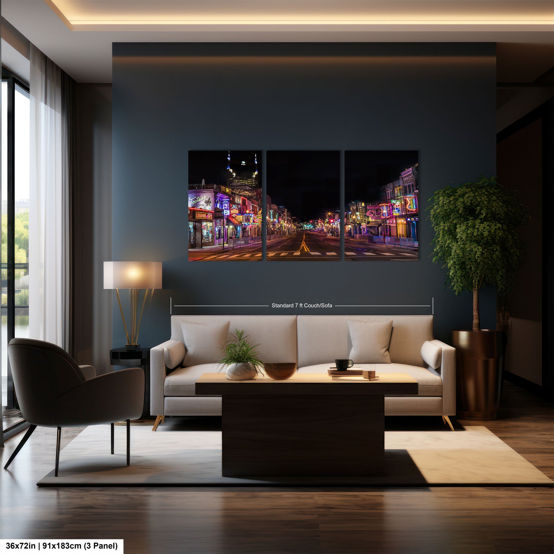 a living room filled with furniture and a painting on the wall