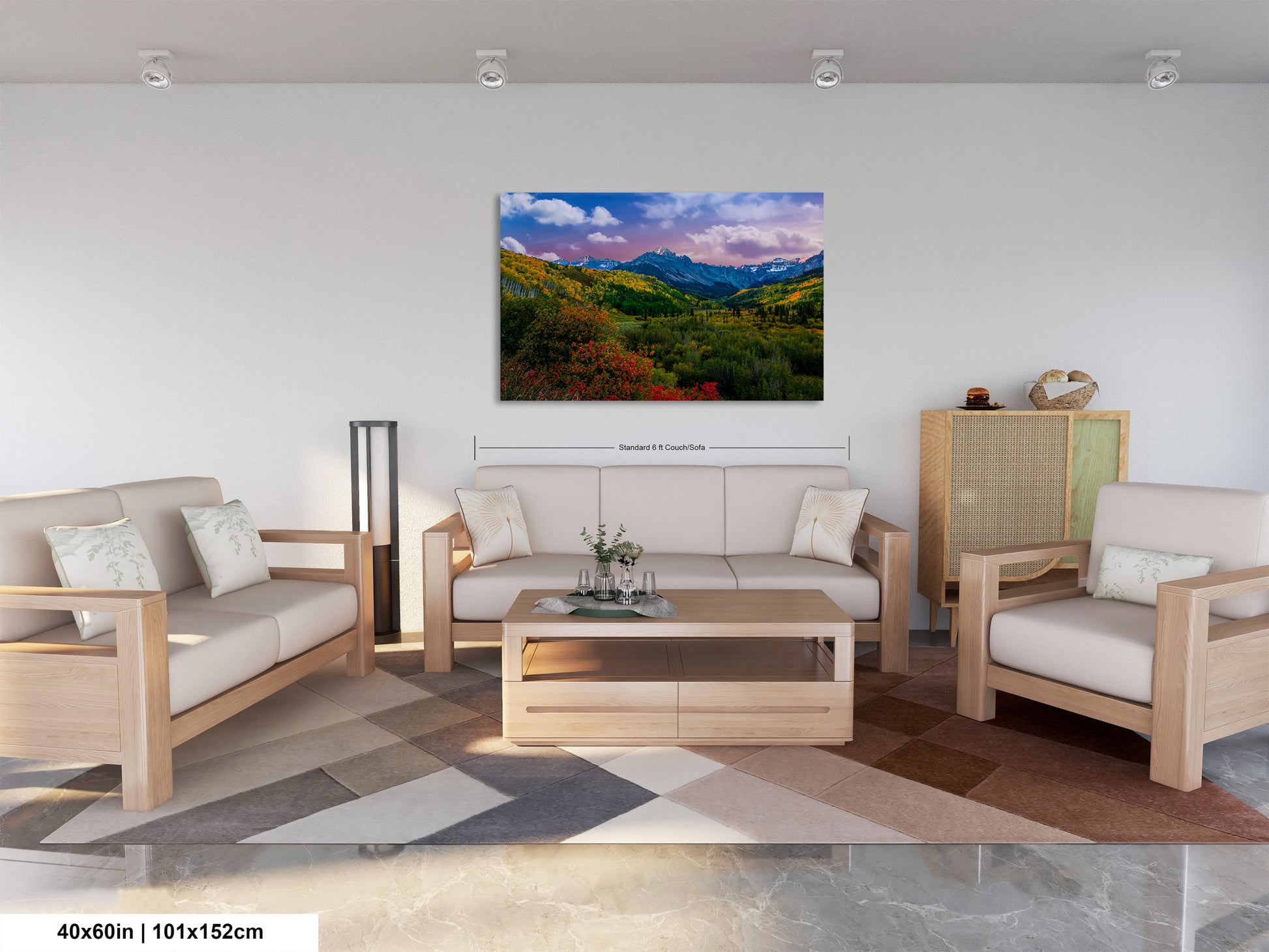 a living room filled with furniture and a painting on the wall