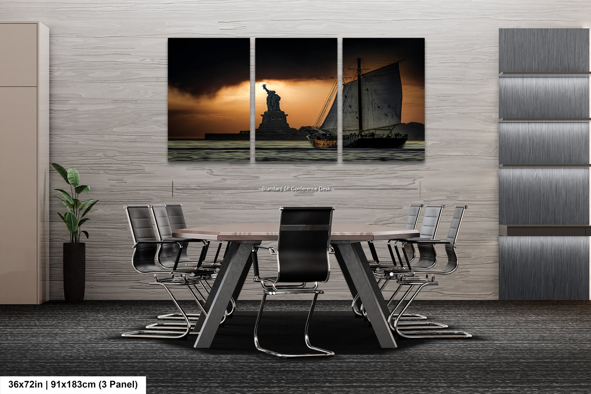 a dining room with a table and chairs and a statue of liberty in the background
