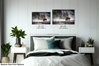 a bedroom with a bed and two pictures on the wall