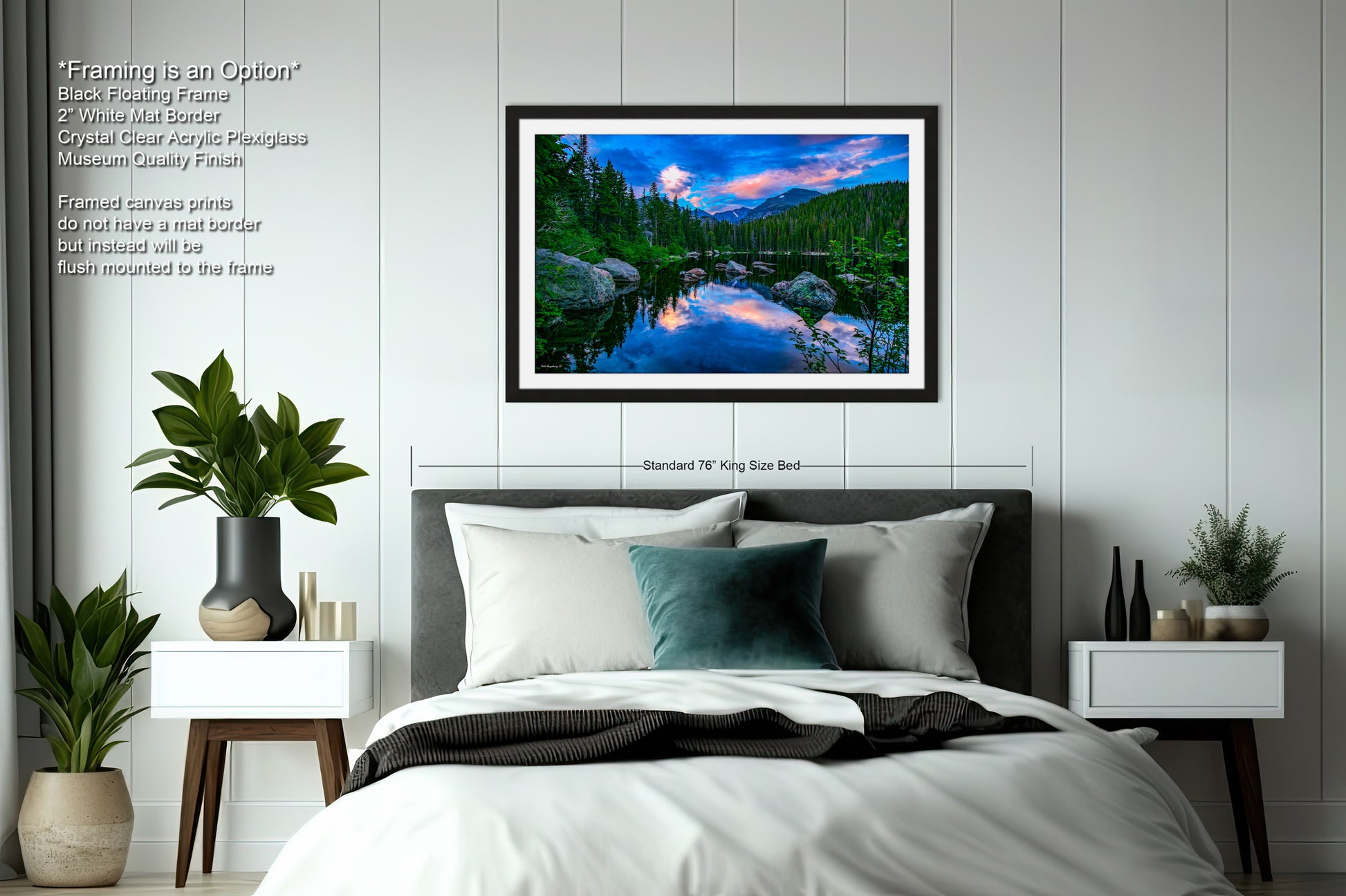 a bedroom with a large bed and a painting on the wall