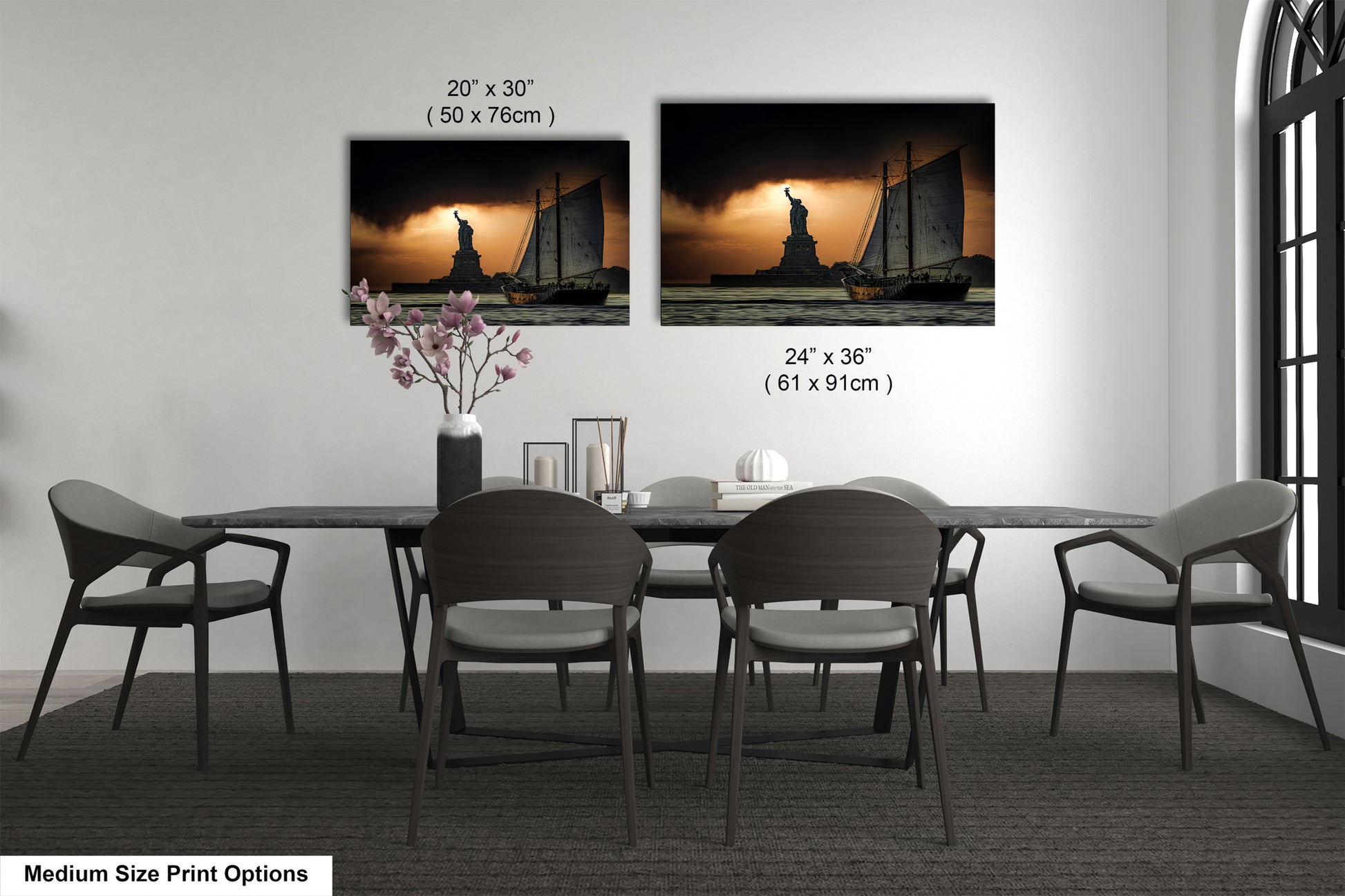 a dining room table with chairs and a vase of flowers