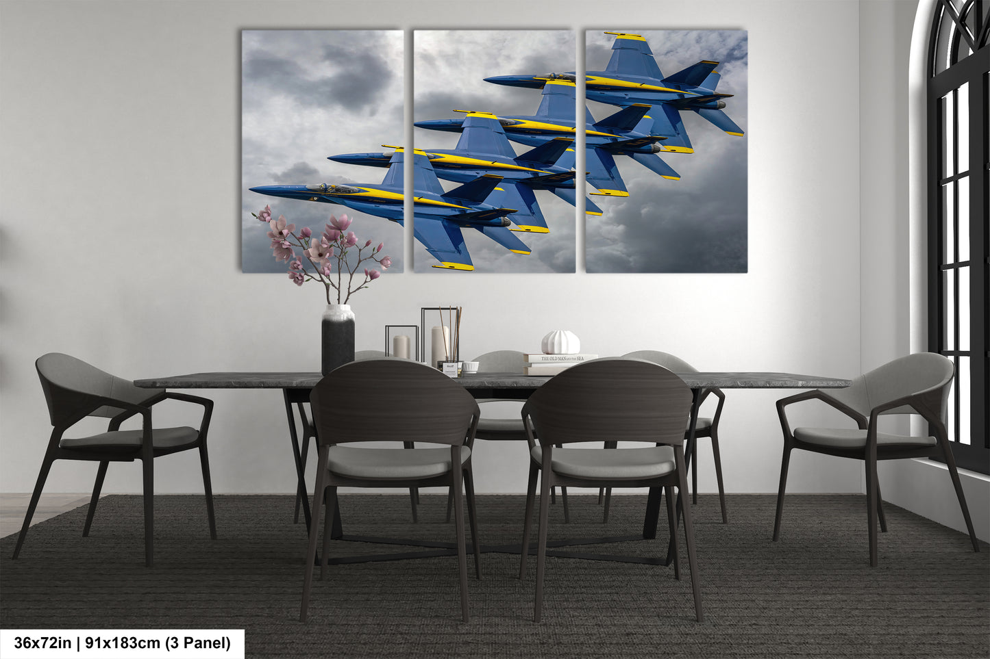 a dining room table with four blue and yellow fighter jets on it