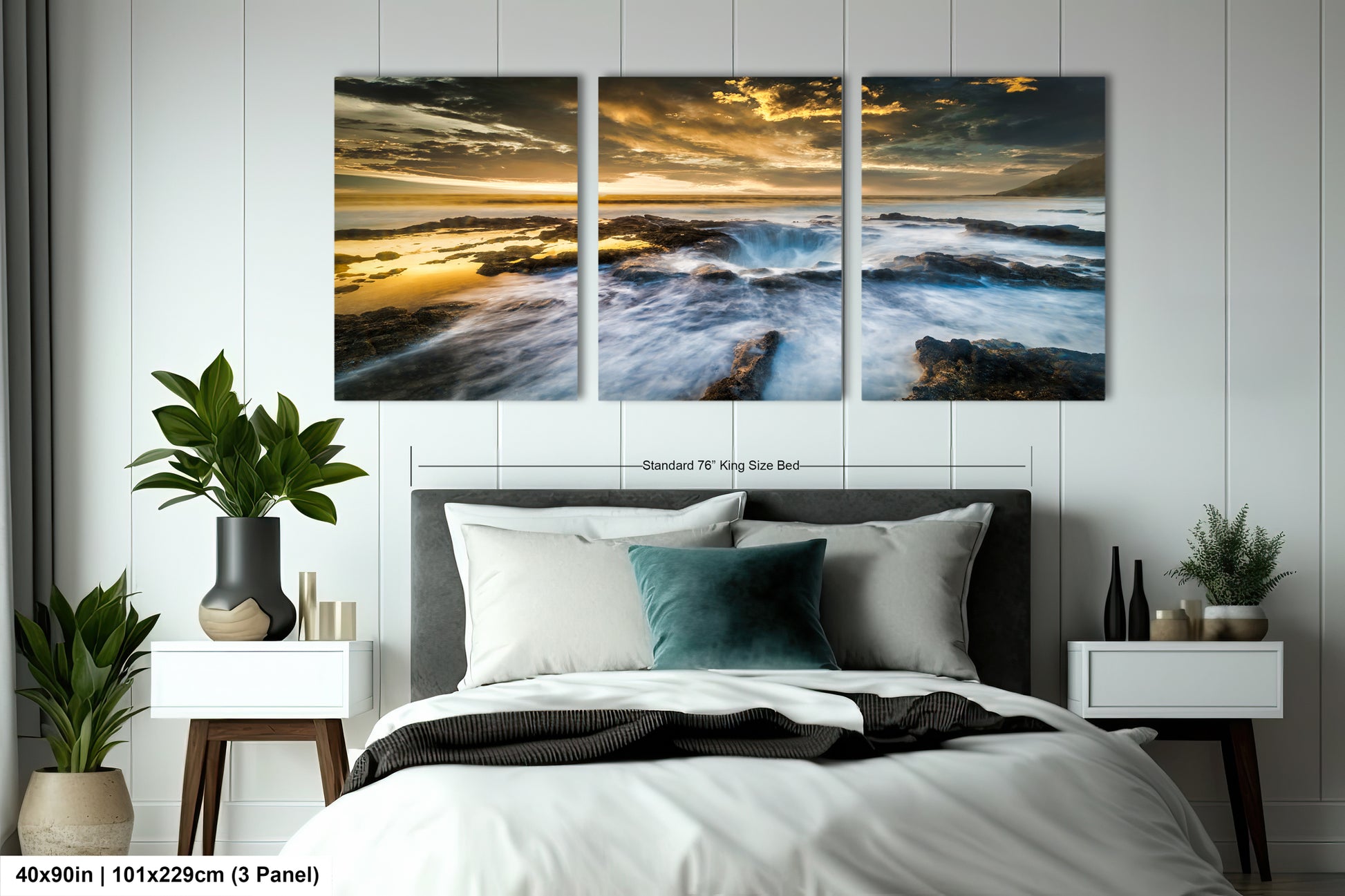 a bedroom scene with focus on the bed and the ocean