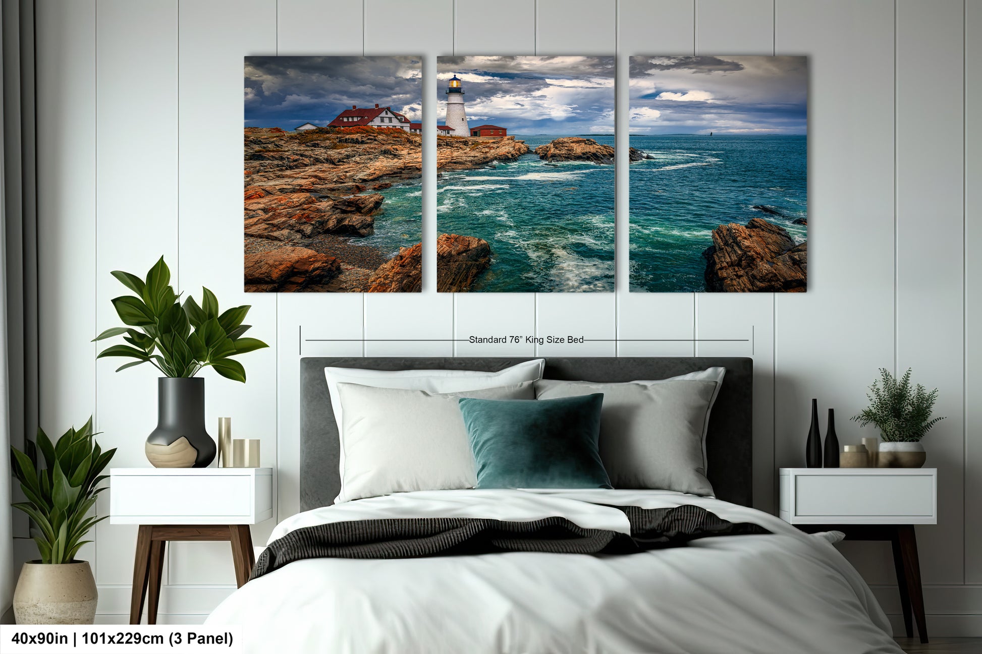 a bedroom scene with focus on the bed and the ocean