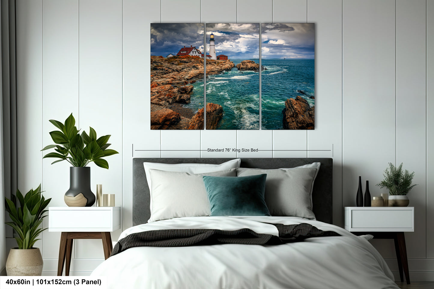 a bedroom scene with focus on the bed and the ocean