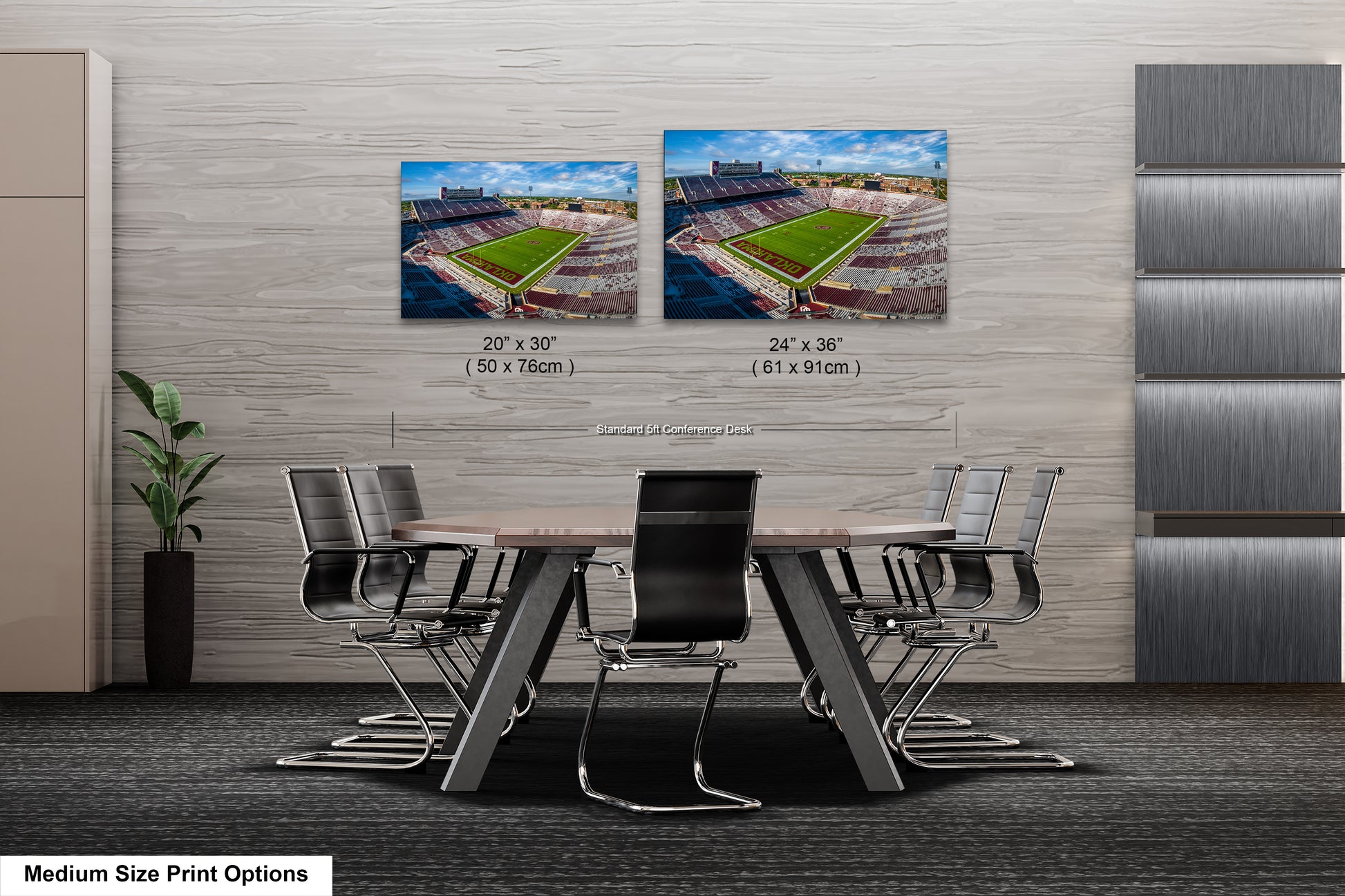 a table and chairs in a room with two pictures on the wall