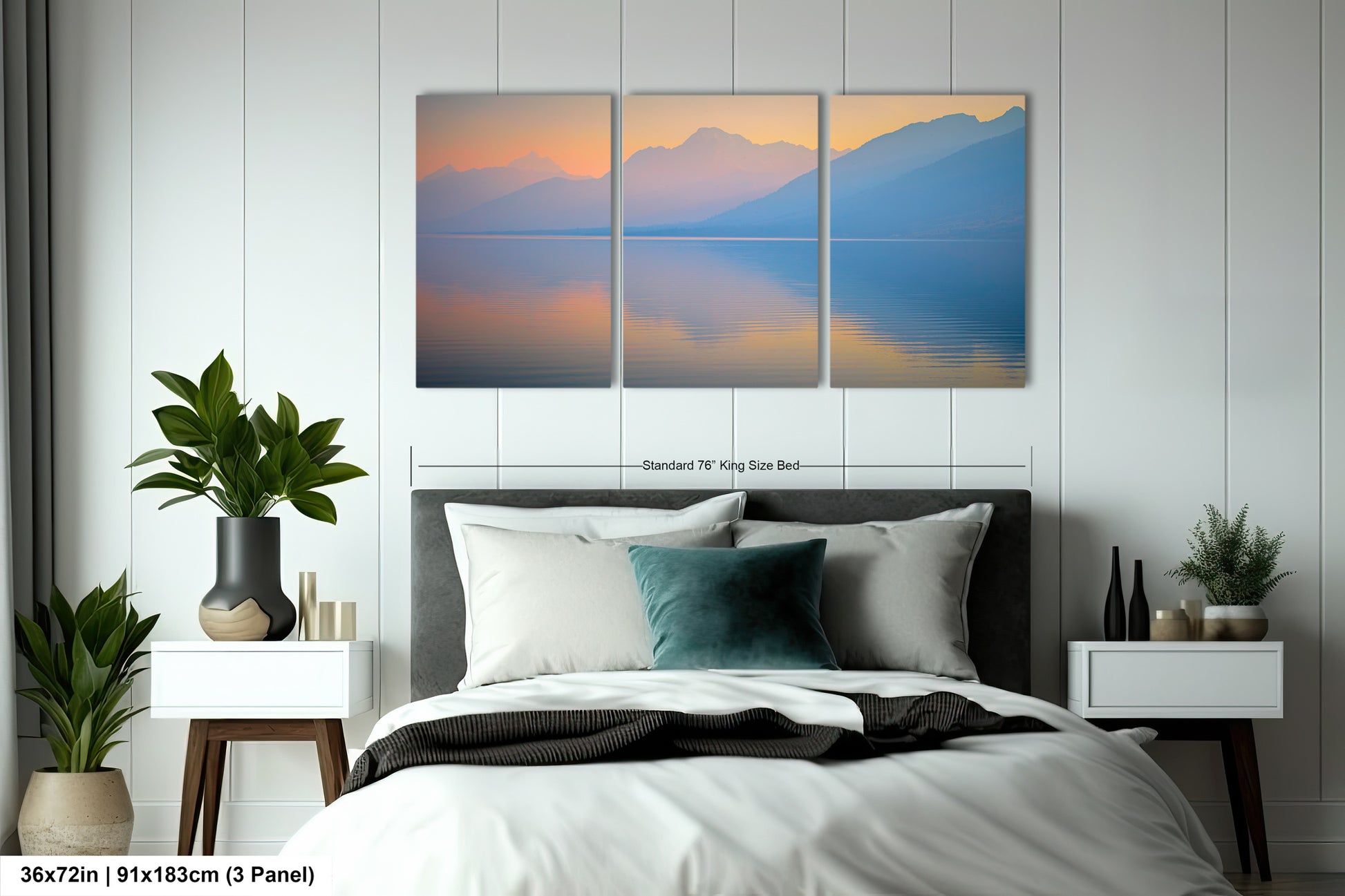 a bedroom scene with a bed and two paintings